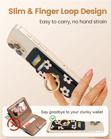 Shorogyt متوافق مع Magsafe Wallet Magnetic Card حامل - محافظ الهاتف مع Ring Stand أزياء لطيفة لأجهزة iPhone 16/15/14/13/12 للنساء للبنات تصميم الزهور الأسود ، FIT 3 بطاقات in Kuwait