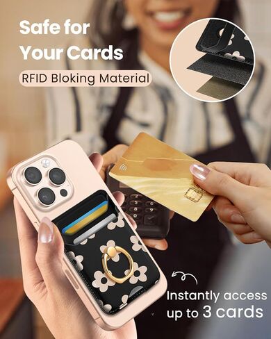 Shorogyt متوافق مع Magsafe Wallet Magnetic Card حامل - محافظ الهاتف مع Ring Stand أزياء لطيفة لأجهزة iPhone 16/15/14/13/12 للنساء للبنات تصميم الزهور الأسود ، FIT 3 بطاقات in Kuwait