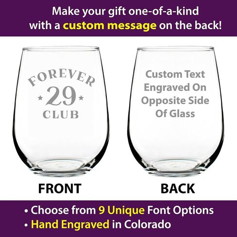 Forever 29 Club - Stemless Wine Glass Birthday Gifts for Women & Men Turning 30-30th Bday Party Decor - Large 17 Oz Glasses in Saudi Arabia