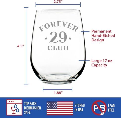Forever 29 Club - Stemless Wine Glass Birthday Gifts for Women & Men Turning 30-30th Bday Party Decor - Large 17 Oz Glasses in Saudi Arabia