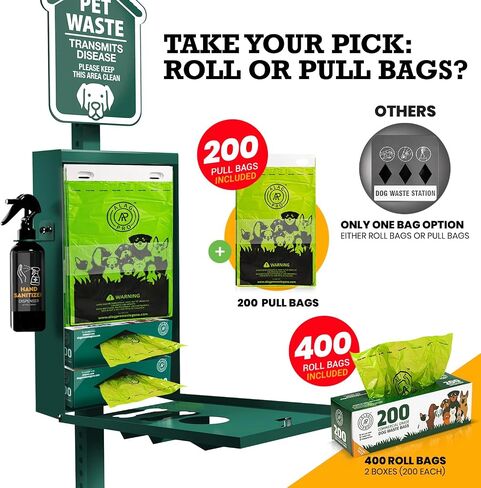 Dog Waste Station Outdoor Pet Waste Station, Trash Can with Bag Dispenser, Commercial Dog Poop Station with 400 Roll 200 Pull Bags & 50 Can Liners, Dog Waste Disposal System for Backyard, Park & HOA in Saudi Arabia