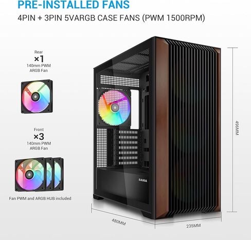 Sama Z60 Genuine Walnut Wood PC Case ، ATX Mid Tower PC Case ، معجبين 4x 140 مم ARGB PWM ، يدعم الرادياتير 360 ملم في الأعلى ، ومنفذ Type-C ، و Mid Tower Case Case-Black in Saudi Arabia