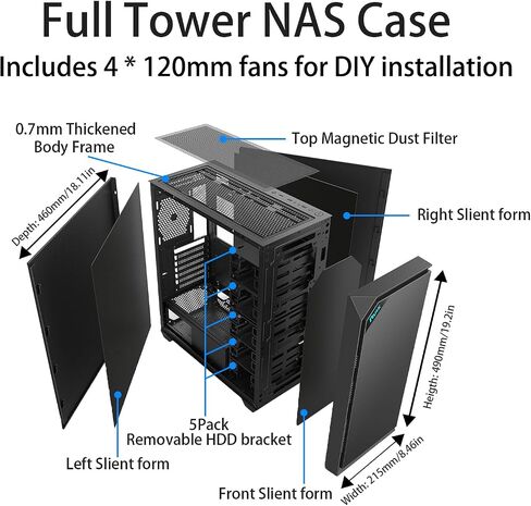 حالة كمبيوتر NAS/Server ، هيكل كمبيوتر تبرج هادئ مع المعجبين 4x120mm مثبت مسبقًا ، 11 * 3.5 "HDD+2 * 2.5" SSD ، 0.7 مم SPCC الصلب ، E-ATX/ATX/MICRO-ATX ، المبرد المزدوج 360 ملم ، أسود أسود in Kuwait