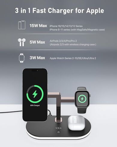 VBA 4 in 1 Wireless Charging Station for Apple MagSafe Charger,Fast Charging Magnetic Wireless Charger Stand with Night Light for iPhone 16 15 14 13 12 Series,Apple Watch,AirPods Pro 2 3 4 (Black) in Saudi Arabia
