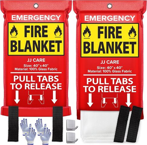 JJ CARE Fire Blanket – (Large) 4.9x4.9ft with Hooks & Gloves, Emergency Fire Blanket for Home & Kitchen, High Heat Resistant Fire Suppression Blankets for Home Safety, Kitchen, Camping in Kuwait