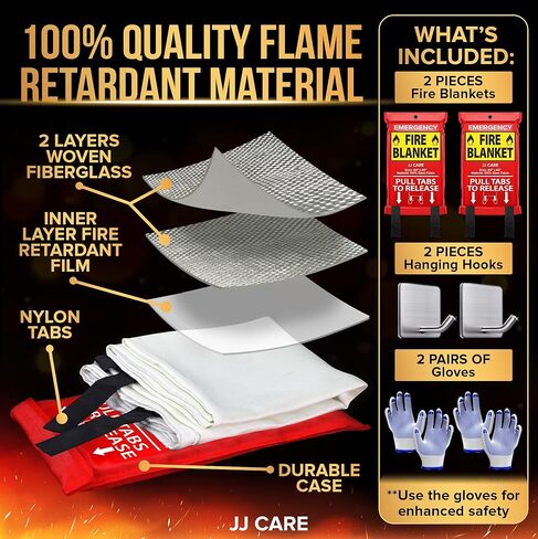 JJ CARE Fire Blanket – (Large) 4.9x4.9ft with Hooks & Gloves, Emergency Fire Blanket for Home & Kitchen, High Heat Resistant Fire Suppression Blankets for Home Safety, Kitchen, Camping in Kuwait