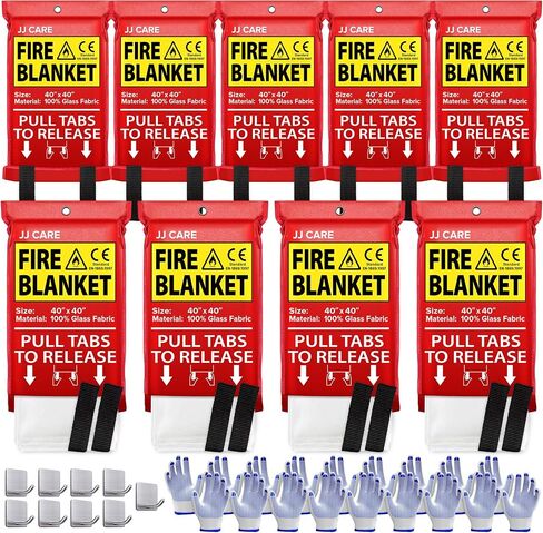 JJ CARE Fire Blanket – (Large) 4.9x4.9ft with Hooks & Gloves, Emergency Fire Blanket for Home & Kitchen, High Heat Resistant Fire Suppression Blankets for Home Safety, Kitchen, Camping in Kuwait