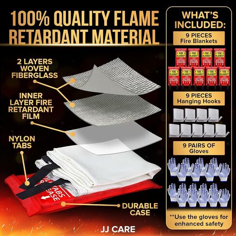 JJ CARE Fire Blanket – (Large) 4.9x4.9ft with Hooks & Gloves, Emergency Fire Blanket for Home & Kitchen, High Heat Resistant Fire Suppression Blankets for Home Safety, Kitchen, Camping in Kuwait