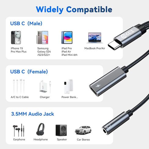 USB C Splitter for KZ ZS10 PRO IEM, Headphones USBC Splitter 1 in 2 Out, USB-C DAC to 3.5mm Headphone and Charger Adapter, CCZ CA01 Dongle Audio Cable with PD 15W Charging for iPhone Samsung Galaxy in Saudi Arabia