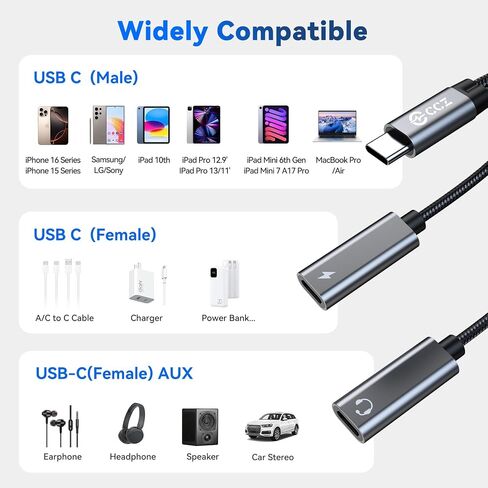 USB C Splitter for KZ ZS10 PRO IEM, Headphones USBC Splitter 1 in 2 Out, USB-C DAC to 3.5mm Headphone and Charger Adapter, CCZ CA01 Dongle Audio Cable with PD 15W Charging for iPhone Samsung Galaxy in Saudi Arabia