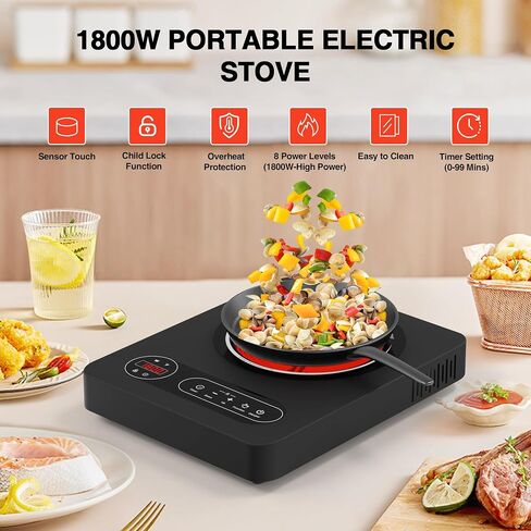 موقد فردي كهربائي Cooktop 1800W - موقد موقد كهربائي 110 فولت من الموقد المحمول مع LED Touch Control 10 مستوى الطاقة ، لوحة ساخنة مع قفل أمان الطفل ، وموقت وحماية من السخرية الزائدة in Kuwait