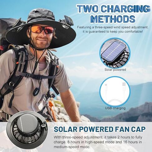 Solar Powered Fan Hat with 2 USB Solar Charging Removable Fans Wide Brim Sun Hat for Outdoor Fishing, Hiking Gardening in Saudi Arabia