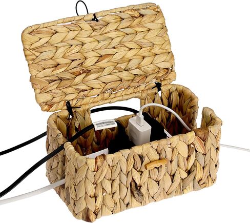 BTSKY Woven Cable Management Box with Lid, Water Hyacinth Cord Organizer for Desk, Cable Organizer Box with 2-Open Slots to Hide Power Strips USB Hubs for Home & Office, Pet Proofing Cord Basket, S in Saudi Arabia
