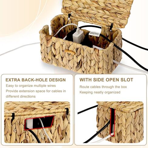 BTSKY Woven Cable Management Box with Lid, Water Hyacinth Cord Organizer for Desk, Cable Organizer Box with 2-Open Slots to Hide Power Strips USB Hubs for Home & Office, Pet Proofing Cord Basket, S in Saudi Arabia