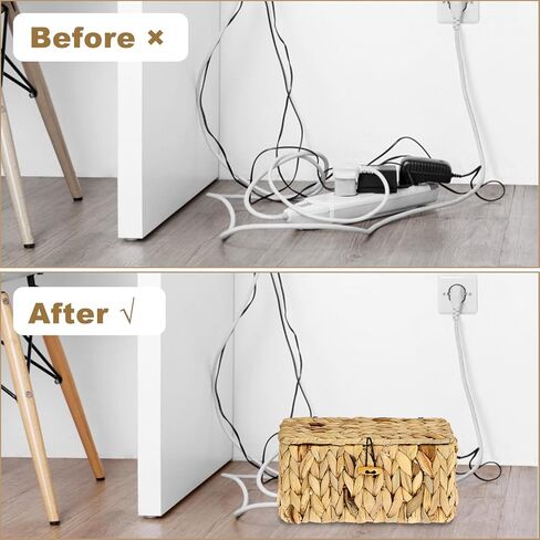 BTSKY Woven Cable Management Box with Lid, Water Hyacinth Cord Organizer for Desk, Cable Organizer Box with 2-Open Slots to Hide Power Strips USB Hubs for Home & Office, Pet Proofing Cord Basket, S in Saudi Arabia