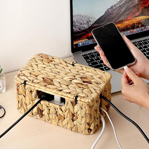 BTSKY Woven Cable Management Box with Lid, Water Hyacinth Cord Organizer for Desk, Cable Organizer Box with 2-Open Slots to Hide Power Strips USB Hubs for Home & Office, Pet Proofing Cord Basket, S in Saudi Arabia