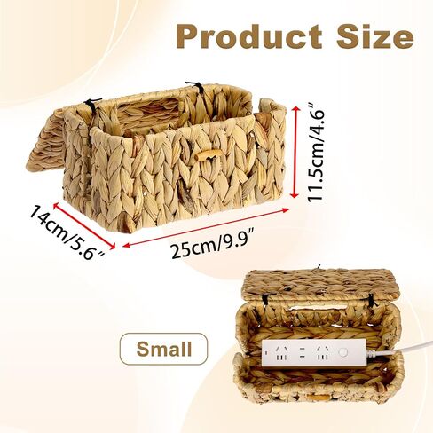 BTSKY Woven Cable Management Box with Lid, Water Hyacinth Cord Organizer for Desk, Cable Organizer Box with 2-Open Slots to Hide Power Strips USB Hubs for Home & Office, Pet Proofing Cord Basket, S in Saudi Arabia