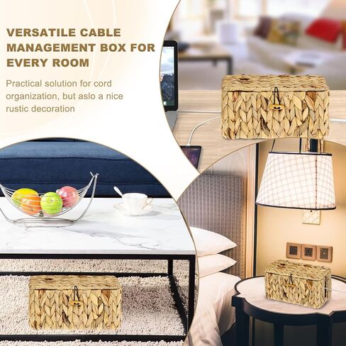 BTSKY Woven Cable Management Box with Lid, Water Hyacinth Cord Organizer for Desk, Cable Organizer Box with 2-Open Slots to Hide Power Strips USB Hubs for Home & Office, Pet Proofing Cord Basket, S in Saudi Arabia