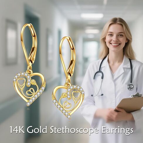 KECHO 14K Solid Gold Heart Nurse Necklace for Women Stethoscope Pendant Necklace with Cubic Zirconia Jewelry Graduation Birthday Christmas Gifts for Doctor Nurse Medical Student in Kuwait