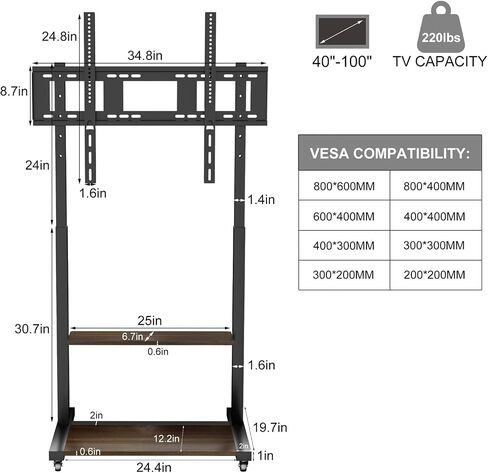 عربة تلفزيون تلفزيونية غير متداول مع عجلات لـ 40 55 65 75 85 100 بوصة LCD LED شقة تصل إلى 220 رطلاً ، MAX VESA800X600 MM in Saudi Arabia