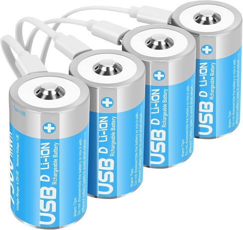 بطاريات ليثيوم D القابلة لإعادة الشحن مع 4 في 1 كبل شحن USB-C ، 4 حزمة D خلية Li-ion Battristes ، LR20 1.5V D استبدال بطارية الخلية 7500MWN لألعاب الضوء (4 PCS) in Kuwait
