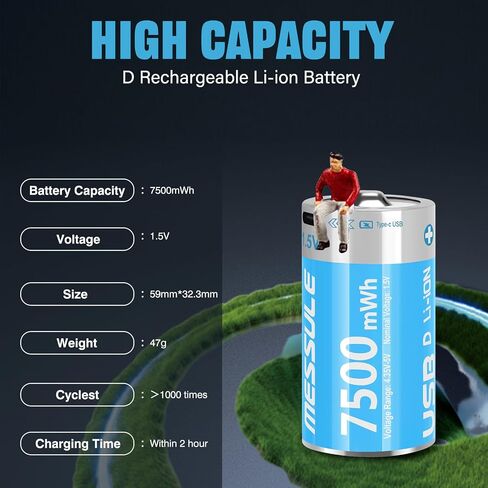 بطاريات ليثيوم D القابلة لإعادة الشحن مع 4 في 1 كبل شحن USB-C ، 4 حزمة D خلية Li-ion Battristes ، LR20 1.5V D استبدال بطارية الخلية 7500MWN لألعاب الضوء (4 PCS) in Kuwait