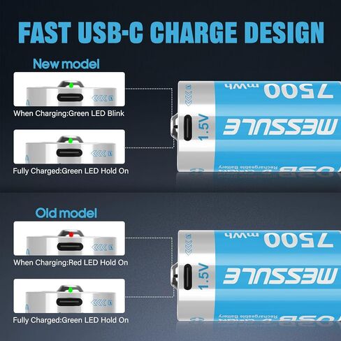 بطاريات ليثيوم D القابلة لإعادة الشحن مع 4 في 1 كبل شحن USB-C ، 4 حزمة D خلية Li-ion Battristes ، LR20 1.5V D استبدال بطارية الخلية 7500MWN لألعاب الضوء (4 PCS) in Kuwait