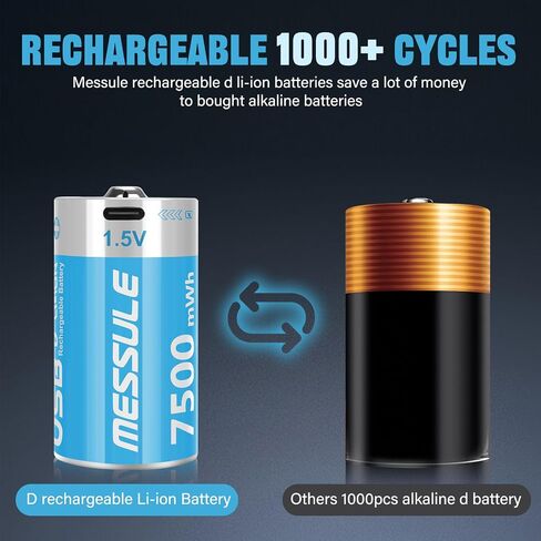 بطاريات ليثيوم D القابلة لإعادة الشحن مع 4 في 1 كبل شحن USB-C ، 4 حزمة D خلية Li-ion Battristes ، LR20 1.5V D استبدال بطارية الخلية 7500MWN لألعاب الضوء (4 PCS) in Kuwait