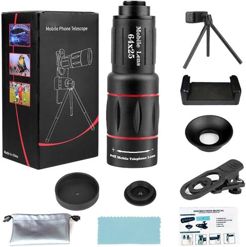 64x Telephoto Lens for Mobile Phone, HD Monocular Telescope with Adjustable Tripod Stand & Clamp, FMC Zoom Lens for Long-Distance Photography, Vlogging, Bird Watching in Saudi Arabia