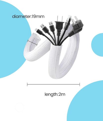 2m Cable Sleeve Cover - 19mm Diameter, Self-Closing Wire Organizer for Desk, Home, Office, and Pet Protection-White in Saudi Arabia