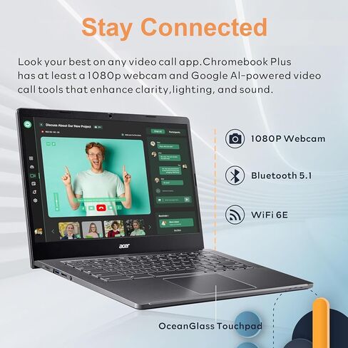 Acer Chromebook Plus 514 محمول W/ Google AI (14 "شاشة تعمل باللمس ، Intel 8-Core I3-N305 ، ذاكرة الوصول العشوائي 8 جيجا بايت ، تخزين 640 جيجابايت ، تخزين سحابة 2 تيرابايت) الأعمال ، الطالب ، عمر بطارية طوله 11 ساعة ، كاميرا ويب 1080 بكسل ، كاميرا ويب Chro in Kuwait