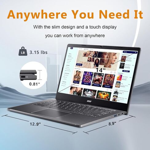 Acer Chromebook Plus 514 محمول W/ Google AI (14 "شاشة تعمل باللمس ، Intel 8-Core I3-N305 ، ذاكرة الوصول العشوائي 8 جيجا بايت ، تخزين 640 جيجابايت ، تخزين سحابة 2 تيرابايت) الأعمال ، الطالب ، عمر بطارية طوله 11 ساعة ، كاميرا ويب 1080 بكسل ، كاميرا ويب Chro in Kuwait