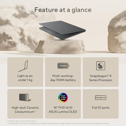 ASUS Zenbook A14; Copilot+ PC, Ultrathin Laptop, 14" WUXGA OLED, Snapdragon® X Processor, 16 GB Memory, 512GB SSD, Wi-Fi 6E, Zabriskie Beige, UX3407QA-DS52-CB in Saudi Arabia