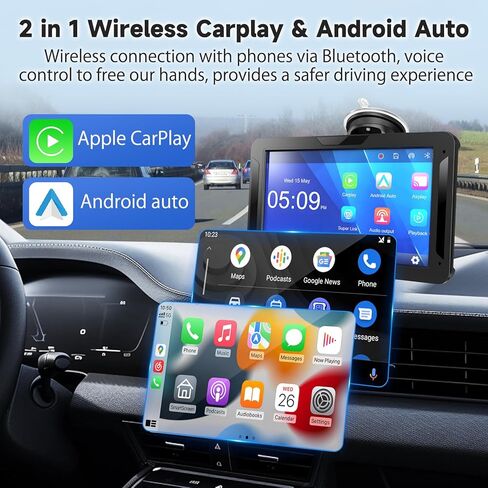 7 بوصة HD شاشة Carplay اللاسلكية المحمولة للسيارة و Android الشاشة التي تعمل باللمس مع رابط المرآة/1080p كاميرا احتياطية/ملاحة/سيارة ستيريو/محرك/محرك/بلوتوث/التحكم الصوتي in Kuwait