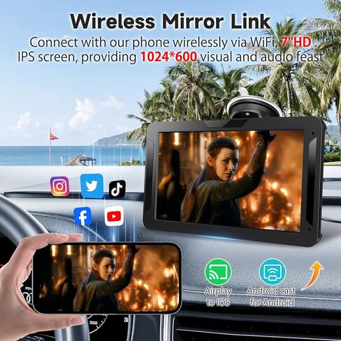 7 بوصة HD شاشة Carplay اللاسلكية المحمولة للسيارة و Android الشاشة التي تعمل باللمس مع رابط المرآة/1080p كاميرا احتياطية/ملاحة/سيارة ستيريو/محرك/محرك/بلوتوث/التحكم الصوتي in Kuwait