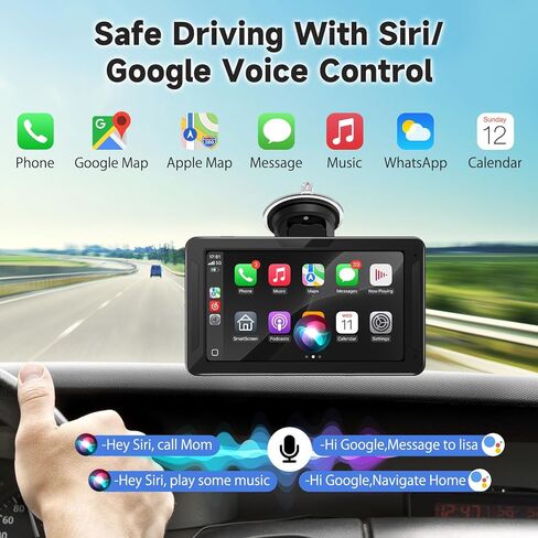 7 بوصة HD شاشة Carplay اللاسلكية المحمولة للسيارة و Android الشاشة التي تعمل باللمس مع رابط المرآة/1080p كاميرا احتياطية/ملاحة/سيارة ستيريو/محرك/محرك/بلوتوث/التحكم الصوتي in Kuwait