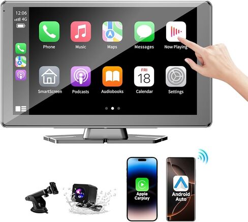 Leadtree 9 بوصة شاشة Carplay اللاسلكية المحمولة للسيارة و Android Auto HD شاشة تعمل باللمس مع 1080p كاميرا احتياطية/رابط المرآة/الملاحة/الصوت in Kuwait