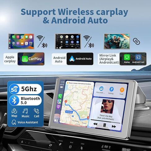 Leadtree 9 بوصة شاشة Carplay اللاسلكية المحمولة للسيارة و Android Auto HD شاشة تعمل باللمس مع 1080p كاميرا احتياطية/رابط المرآة/الملاحة/الصوت in Kuwait