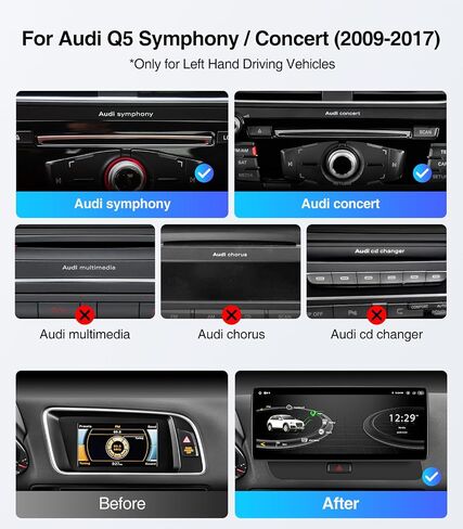 12.3 Inch CarPlay Screen for Audi Q5 SQ5 Radio (2009-2017) with Concert & Symphony (3GMMI) System | Wireless Carplay Android Auto & Mirror Link |4+64G|Android 13.0 in Saudi Arabia