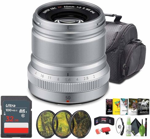 حزمة Fujifilm XF 50mm F/2 R WR (فضية) مع علبة العدسة + بطاقة ذاكرة 32 جيجابايت + 3PC MC Pro Filter Kit UV/CPL/F 46 + CAP Keeper + More in Saudi Arabia