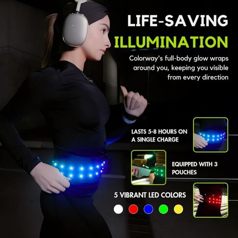 Colorway LED Belt - حزمة الخصر النهارية والليل ، شريط خفيف قابل للإزالة ، 3 أكياس لجميع الأساسيات ، معدات الجري العاكسة للرجال والنساء (قابلة لإعادة الشحن ، قابلة للغسل في الآلة) in Saudi Arabia