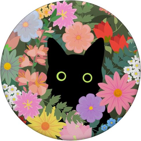 Black Cat Hiding in Spring Flowers PopSockets Grip and Stand for Phones and Tablets in Saudi Arabia