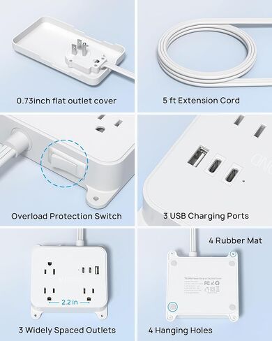 TROND Flat Power Strip with Outlet Cover, 3 AC Widely Spaced Wall USB Plug Extender, 5FT Extendable Outlet Extension Cord, Wall Mount Behind TV, Hidden Under in-Drawer Desk Cabinet Vanity Counter in Saudi Arabia