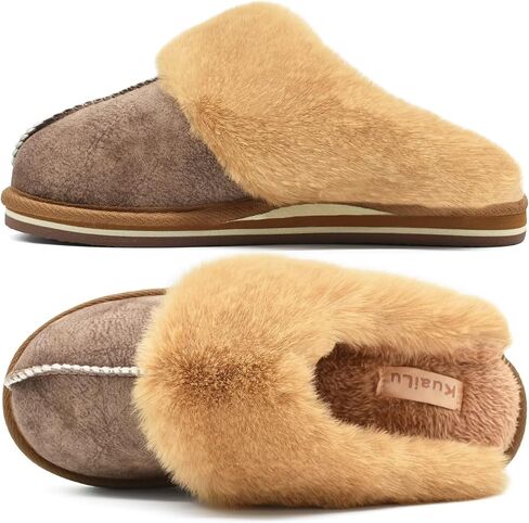 KuaiLu Womens Fuzzy Memory Foam Slippers Warm House Shoes Arch Support | Ladies Cozy Slip On Plush Faux Fur Lined Slippers Winter Indoor Outdoor House Shoes with Durable Hard Rubber Sole in Saudi Arabia