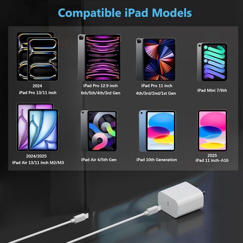 سلك شاحن سريع 10 قدمًا ، 2Pack 20W USB C ، شاحن سريع مع كابل شحن طويل 10 أقدام لجيل iPad 10/11 (A16) ، iPad Pro 13/12.9/11 Inch ، iPad Air 11/13 Inch/4th/5th ، iPad Mini in Kuwait