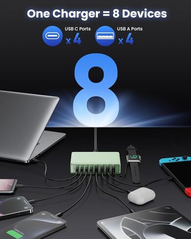 200W USB C Charger Block ، Gan IV Charging Station 8 Ports ، QC4.0 Fast Charge Station Hub+PD 65W USB C Laptop Charger Adapter متوافق مع MacBook Air/Pro ، Dell ، iPhone 16/15 ، iPad ، Steam Deck-Black in Kuwait