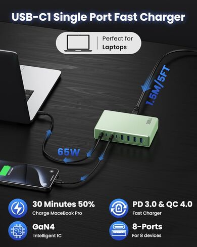 200W USB C Charger Block ، Gan IV Charging Station 8 Ports ، QC4.0 Fast Charge Station Hub+PD 65W USB C Laptop Charger Adapter متوافق مع MacBook Air/Pro ، Dell ، iPhone 16/15 ، iPad ، Steam Deck-Black in Kuwait