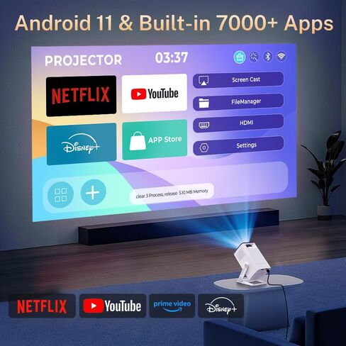 Projector Smart Android OS ، محلي 1080 بكسل كامل الدعم 4K الدعم 12000 ، التطبيقات المدمجة ، FOCUSER ELECTRY و AUTO KEYSTONE PORPERATION مع Dolby Sound ، WiFi & Bluetooth ، متوافق مع iOS/HDMI in Kuwait