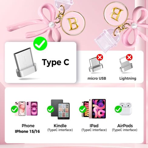 3Pcs Pink Bow USB C Kindle Dust Plug Charms for iPhone 16/15 Pro Max/Plus,Cute Initial Type C Dust Plug Covers for Phone Charging Port,Port Cover Protector Accessories for Kindle Paperwhite Colorsoft in Kuwait