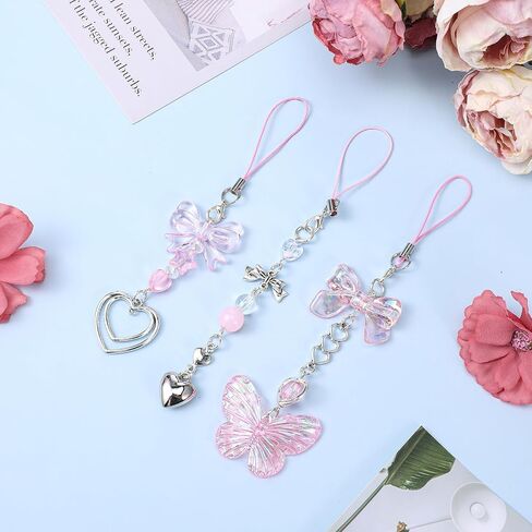 3 Pcs Pink Phone Charm, Aesthetic Y2K Cellphone Charms Pink Butterfly Heart Shape Phone Wrist Strap for Bag Keychain Camera Purse Decor in Saudi Arabia